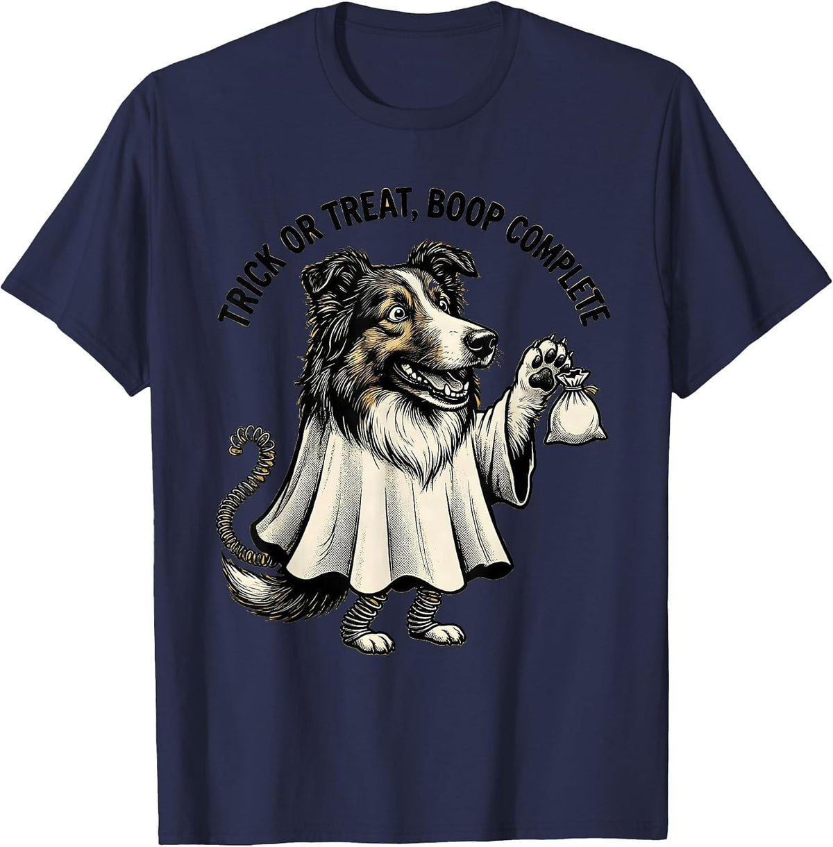 Men's Trick Or Treat Boop Complete Retro Cartoon Ghost Dog T-Shirt - Navy Blue