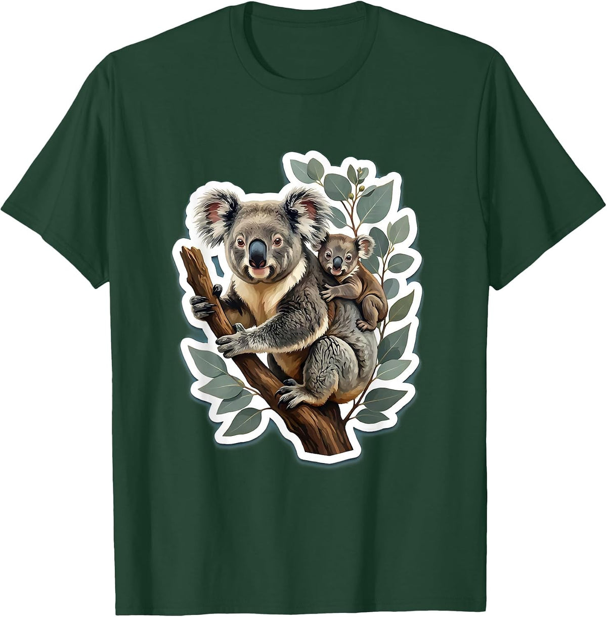 Mother Koala and Baby Clinging to Tree Design T-Shirt - Dark Green