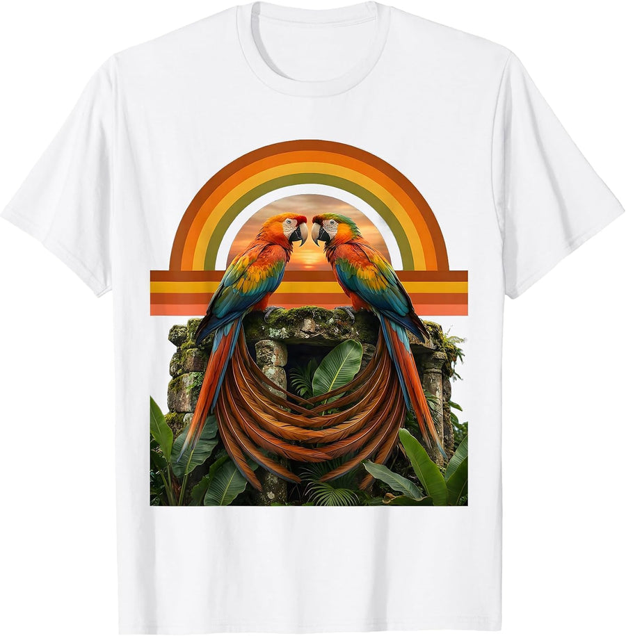 Nicaragua Macaw Pair on Mossy Ruins Illustration T-Shirt - White