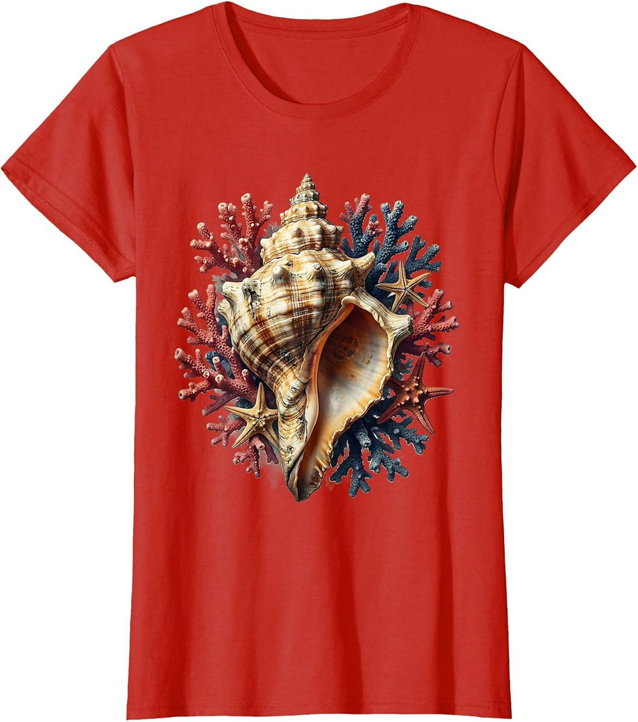 Women's Patriotic Seashell Red White Blue Coral Design T-Shirt - Red