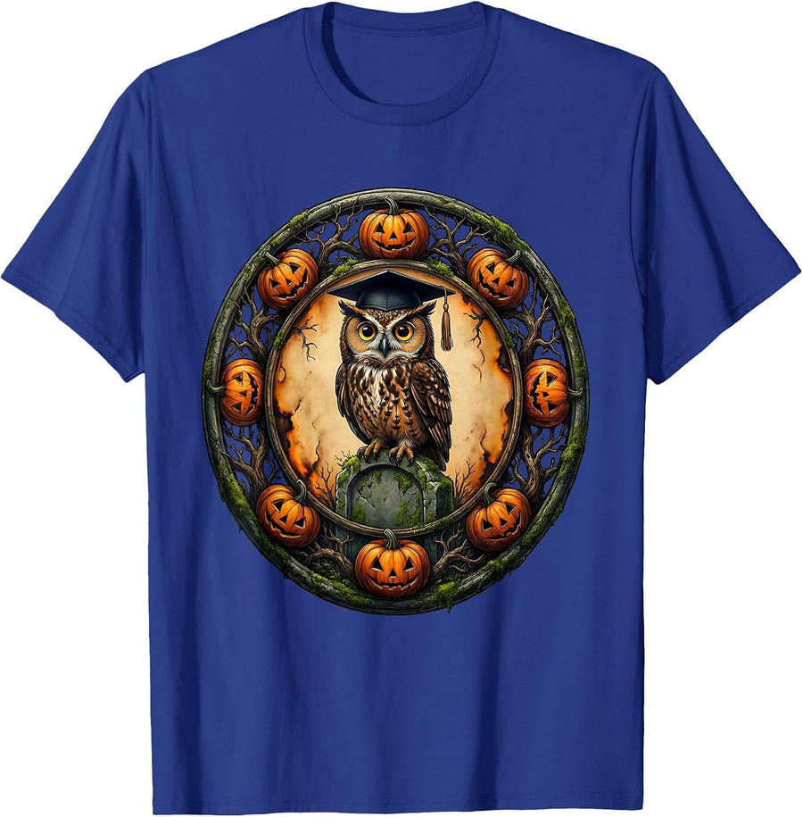 Halloween Teacher Owl Graduation Cap Gravestone T-Shirt - Royal Blue