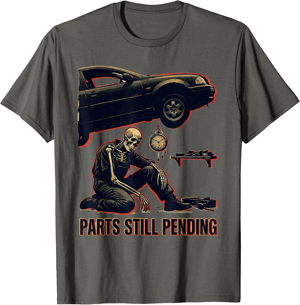 Parts Still Pending Funny Mechanic Skeleton Auto Repair T-Shirt - Asphalt Grey