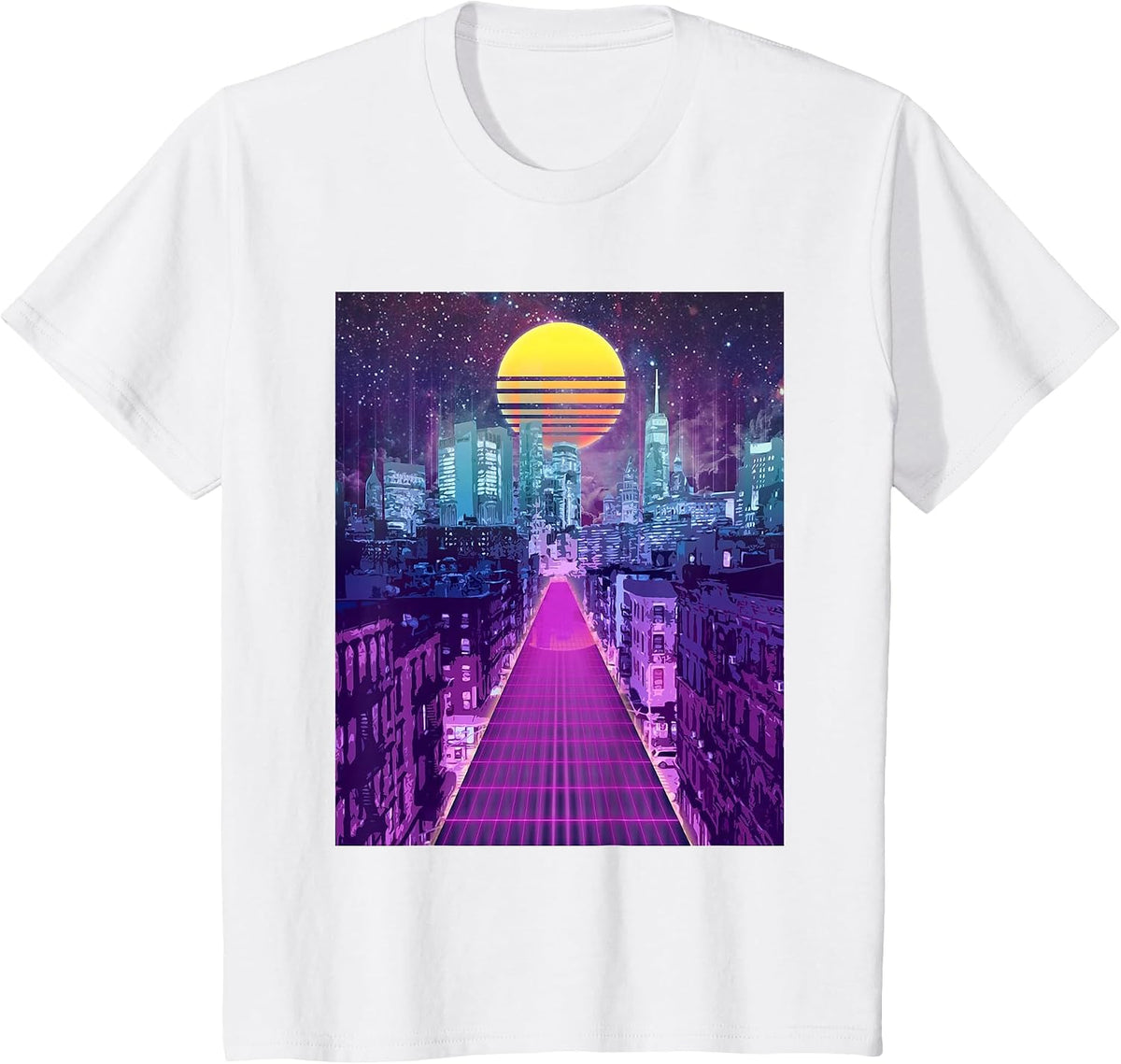 Digital Cityscape Retro Vaporwave Aesthetic Skyline Art T-Shirt - White