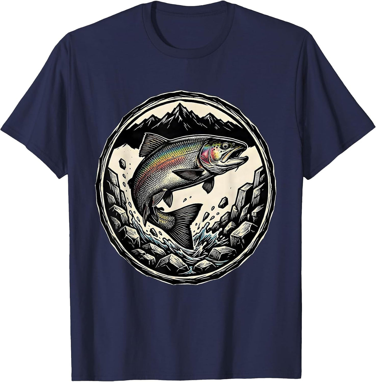 Trout Jumping Rocky Mountain Stream Fishing T-Shirt - Navy Blue