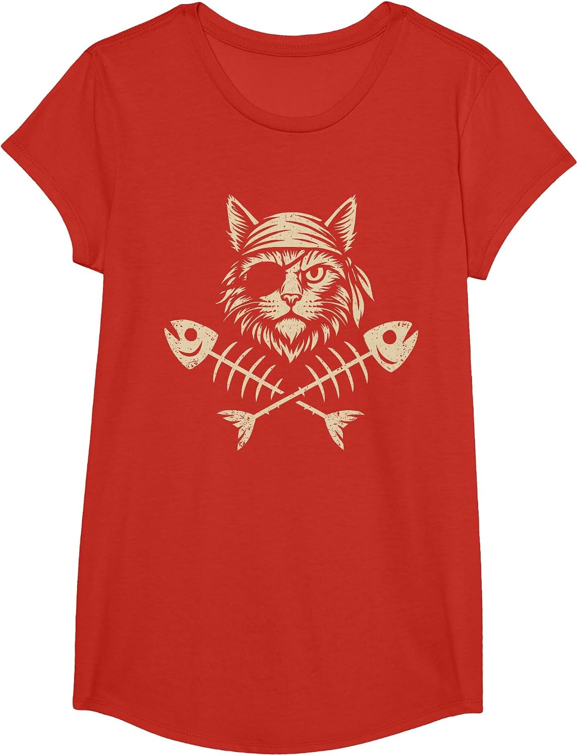 Vintage Pirate Maine Coon Cat Crossbones Halloween T-Shirt - Girls Red