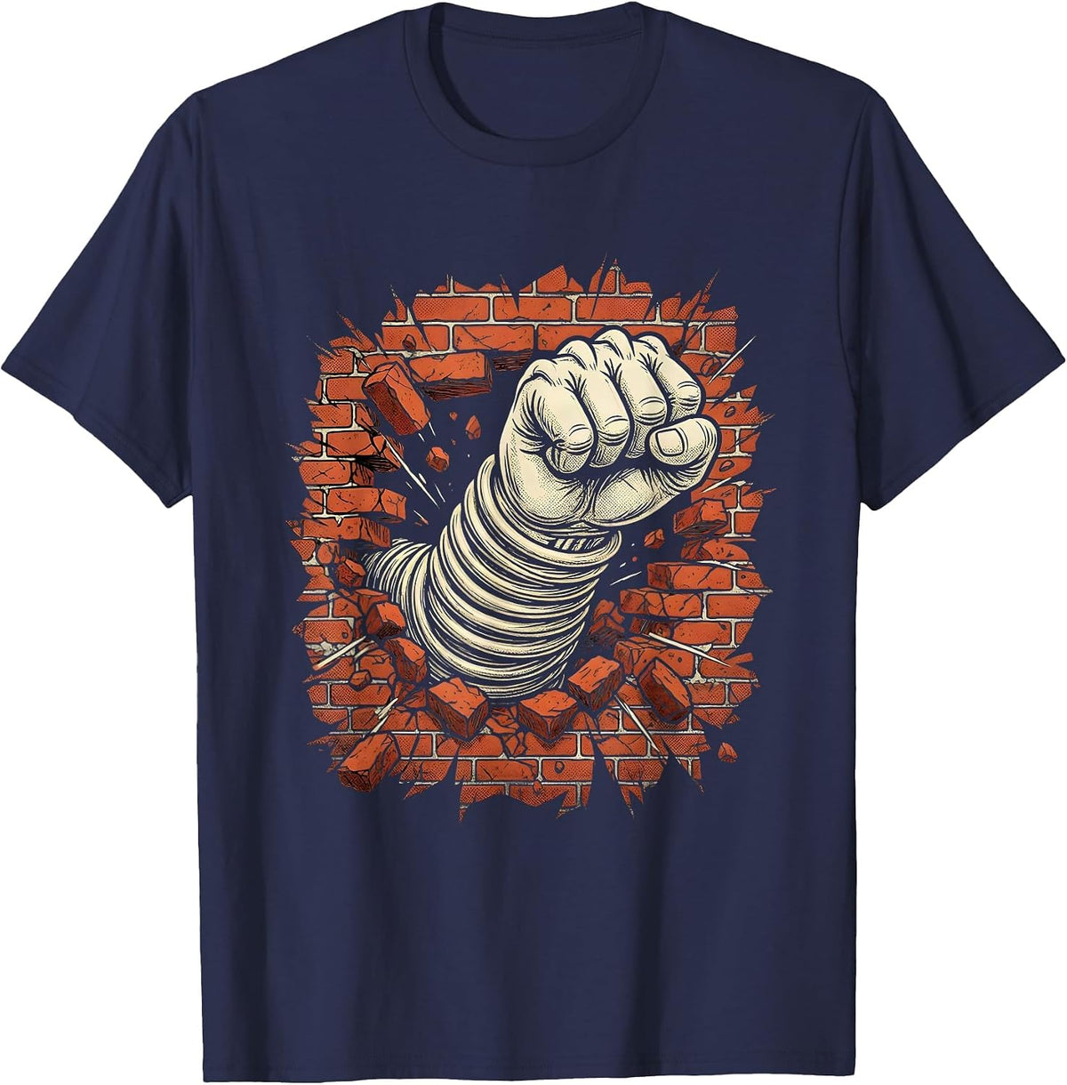 Angry Fist Punching Through Brick Wall Graphic T-Shirt - Navy Blue