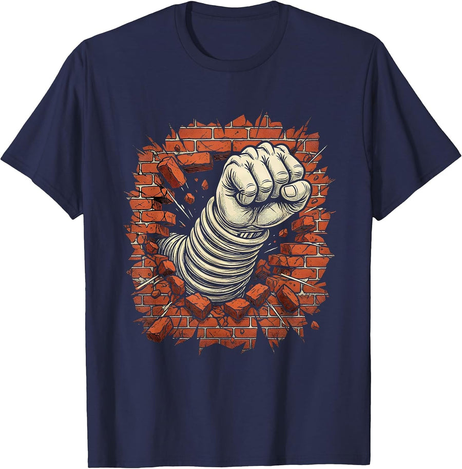 Angry Fist Punching Through Brick Wall Graphic T-Shirt - Navy Blue