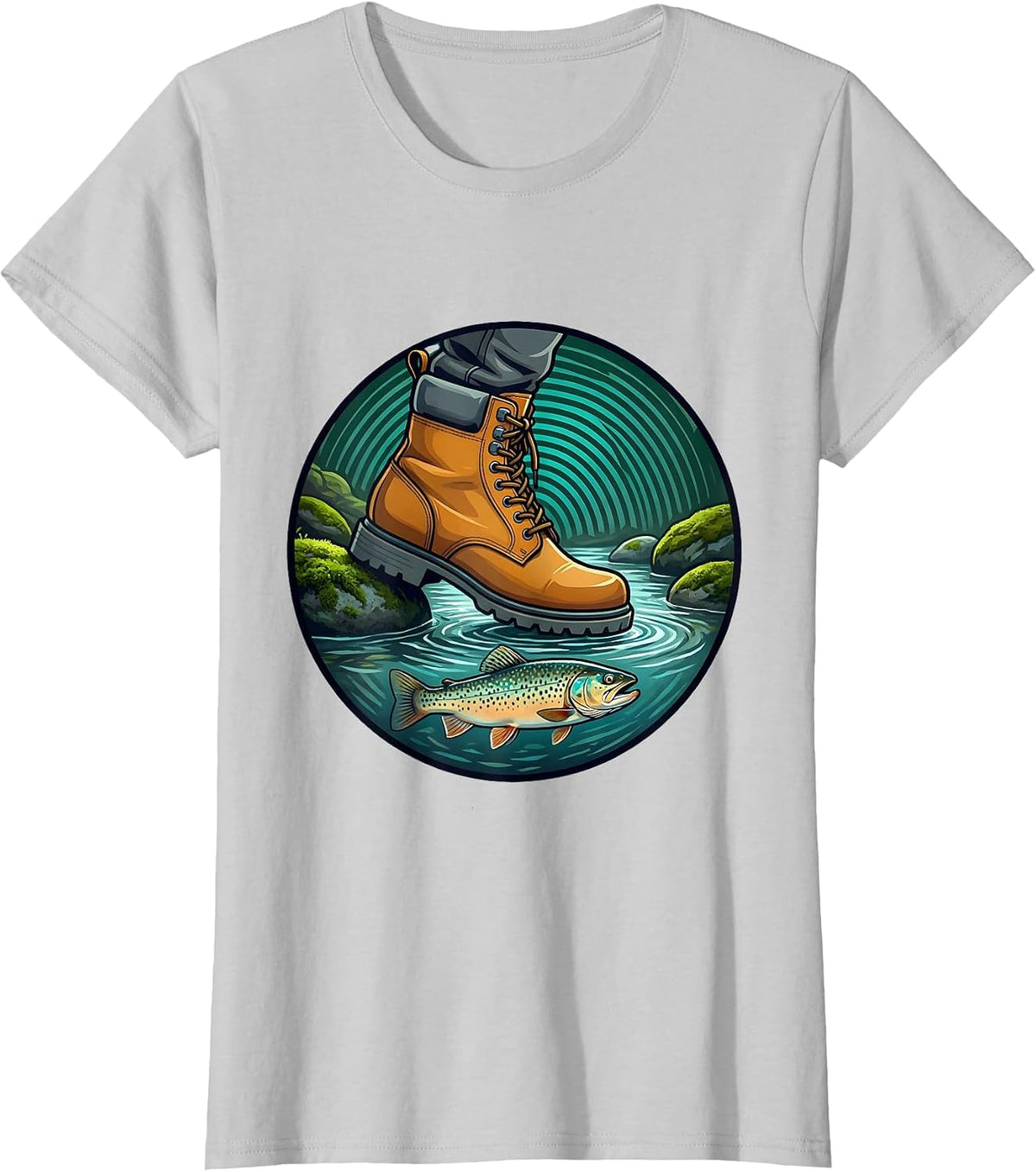 Rugged Stream Wading Trout Fishing Illustration T-Shirt - Silver Grey