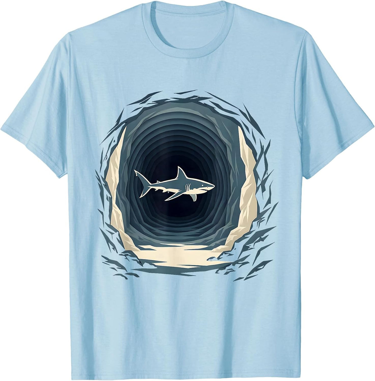 Men's Shark Swimming Through Underwater Cave Tunnel T-Shirt - Baby Blue