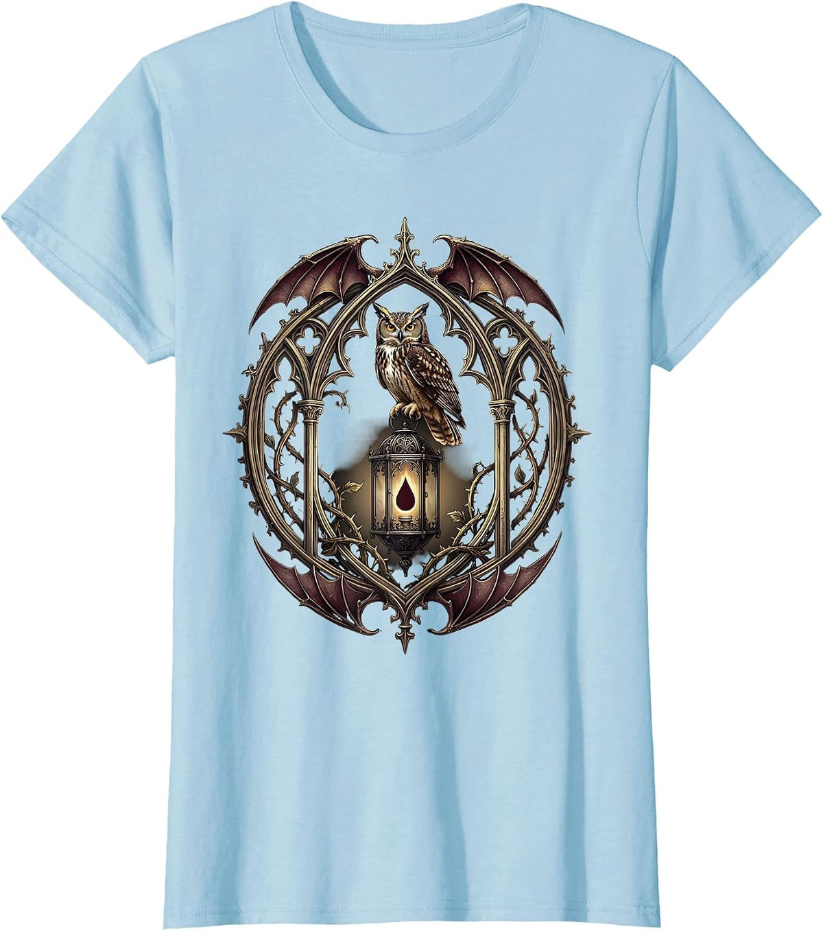 Women's Vintage Halloween Owl with Glowing Eyes on Lantern T-Shirt - Baby Blue