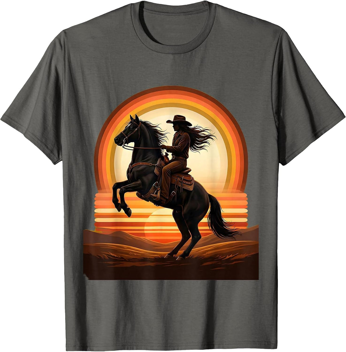 Black Cowgirl Rearing Horse Dusk Western Art T-Shirt - Asphalt Grey