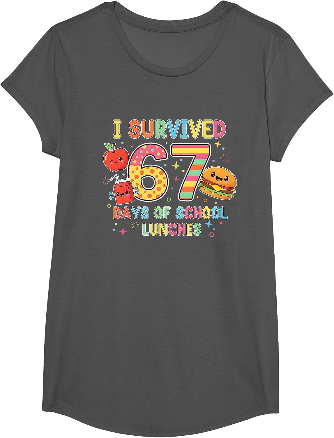I Survived 67 Days of School Lunches 6 7 Meme Lunch Lady T-Shirt - Girls Asphalt Grey