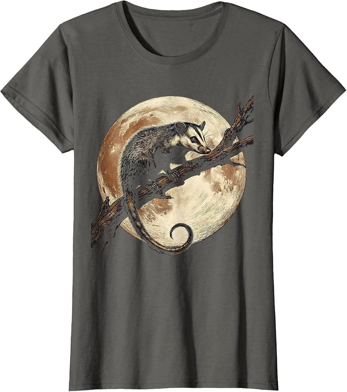 Women's Opossum Silhouette Full Moon Night Sky Design T-Shirt - Asphalt Grey