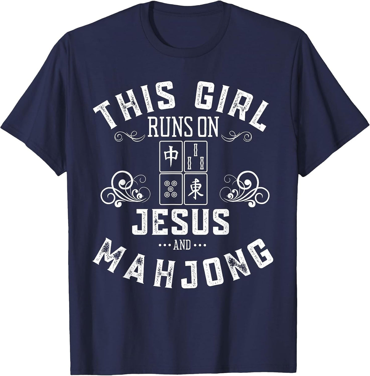 This Girl Runs On Jesus and Mahjong T-Shirt - Navy Blue