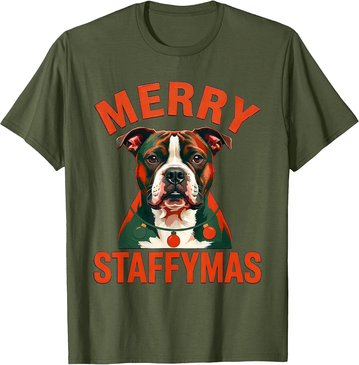 Men's Merry Staffymas Funny Staffordshire Bull Terrier Christmas T-Shirt - Olive Green