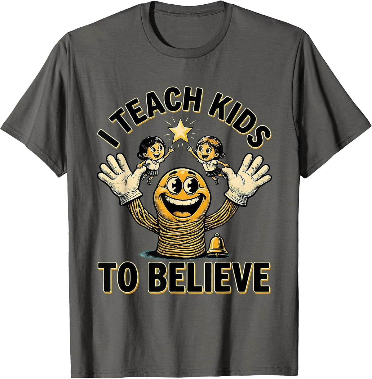 I Teach Kids To Believe Retro Cartoon Teacher Appreciation T-Shirt - Asphalt Grey