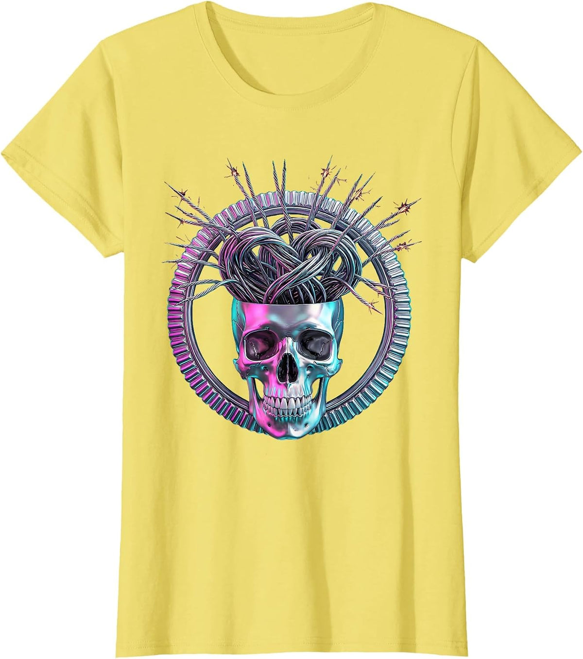 Overstimulated Skull Sparking Wires Graphic Design T-Shirt - Lemon Yellow