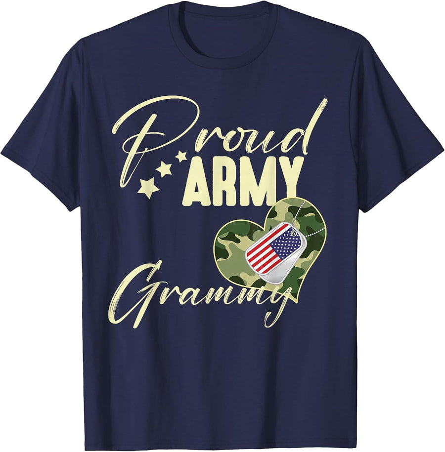Proud Army Grammy Camouflage Dog Tag USA American Flag T-Shirt - Navy Blue