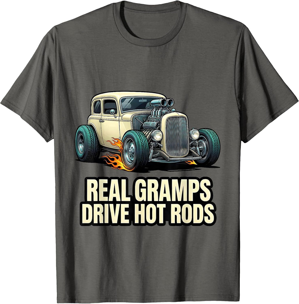 Men's Real Gramps Drive Hot Rods Custom Car Cartoon Hot Rod T-Shirt - Asphalt Grey