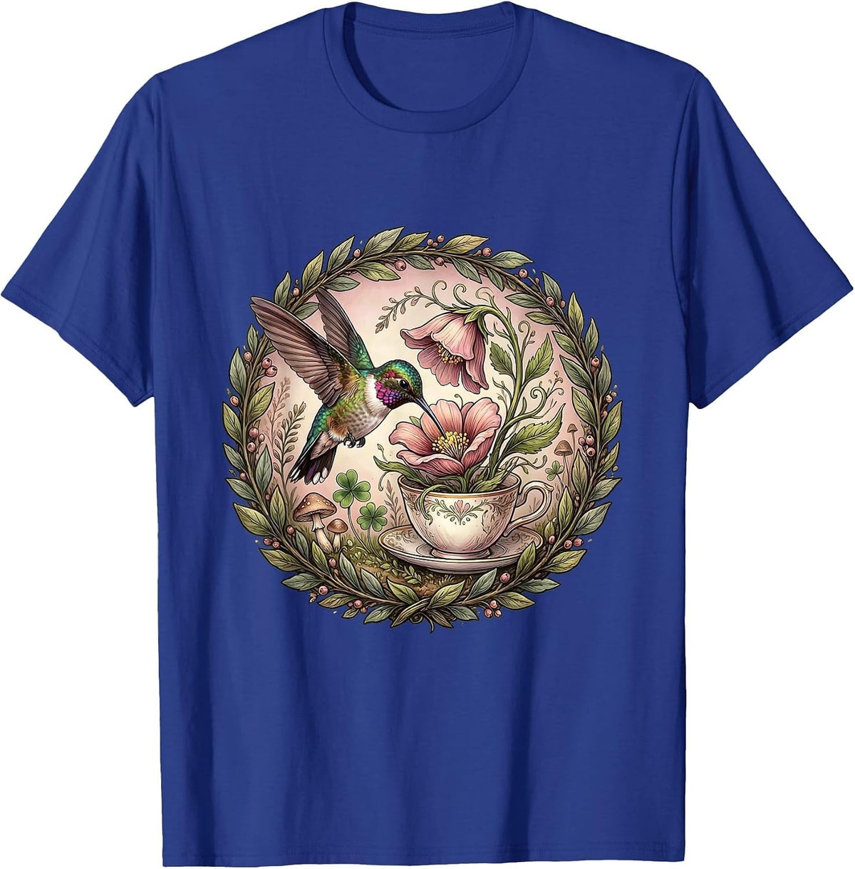 Hummingbird Teacup Flower Botanical Art T-Shirt - Royal Blue