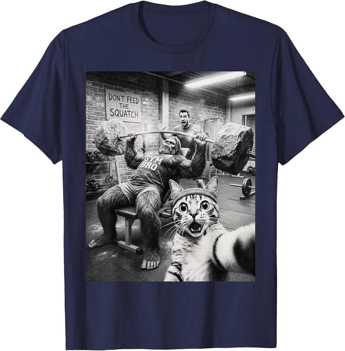 Cat Selfie Funny Bigfoot Gym Bro Weightlifting Workout T-Shirt - Navy Blue