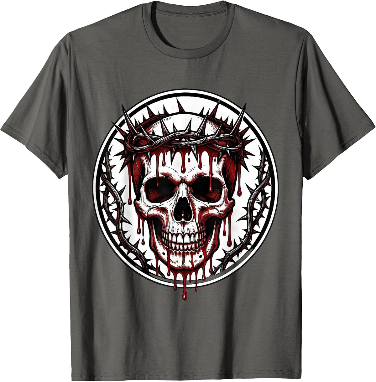 Men's Thorned Crown Dripping Blood Onto Skull Graphic T-Shirt - Asphalt Grey