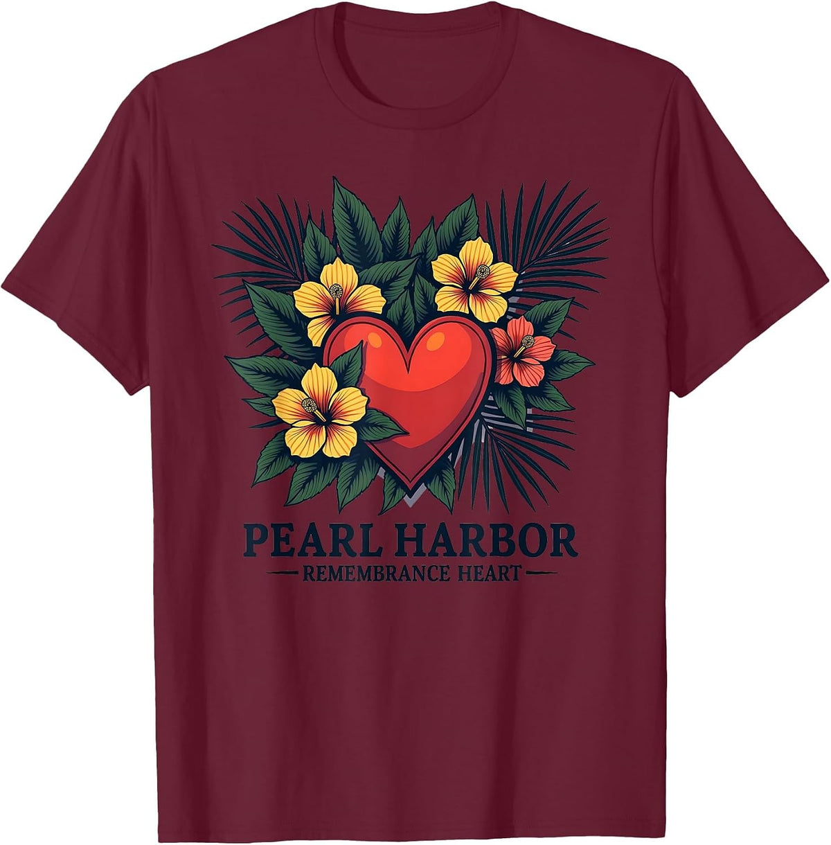 Pearl Harbor Remembrance Heart Tiki Hawaiian Design T-Shirt - Burgundy