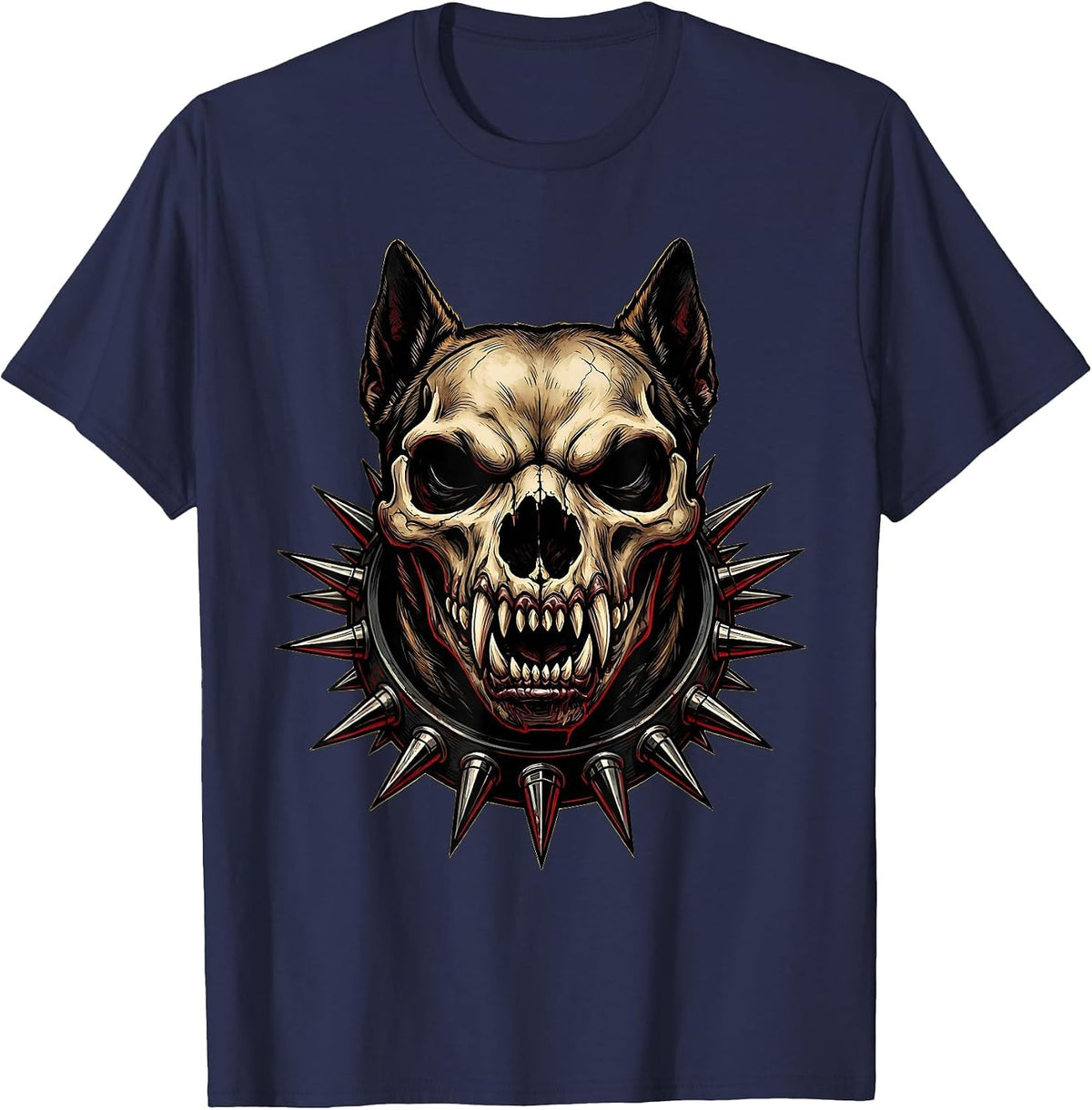 Punk Snarling Spiked Collar Dog Graphic T-Shirt - Navy Blue