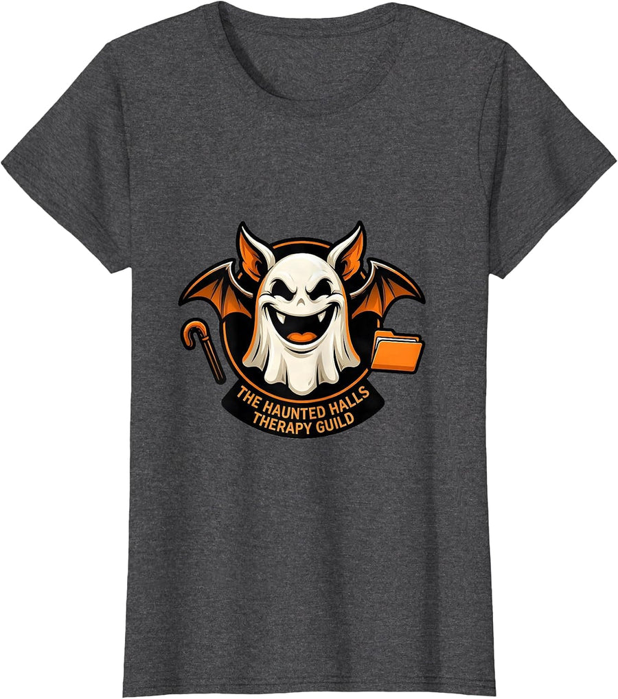 Women's The Haunted Halls Therapy Guild Funny Physical Therapy T-Shirt - Dark Heather Grey