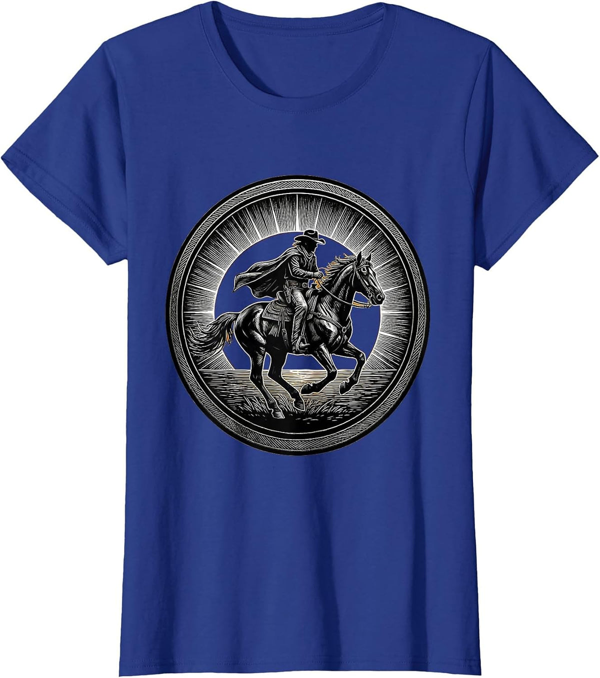 Women's Cowboy Riding Horse at Sunset Silhouette T-Shirt - Royal Blue