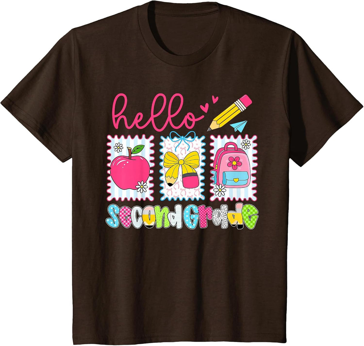 Preppy Hello Second Grade Team Back to School Teachers Kids T-Shirt, Youth, Brown, Small - As Pictured