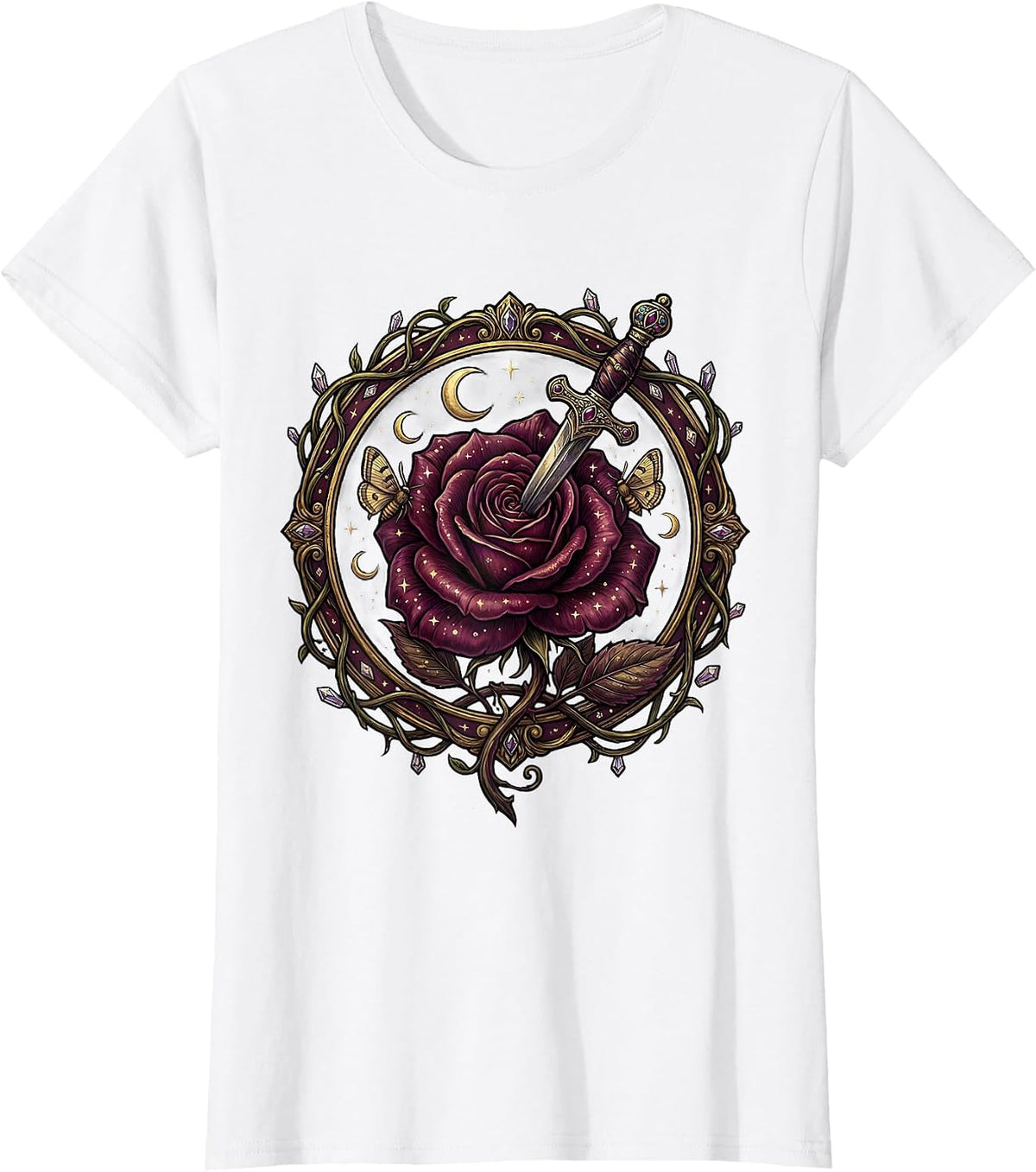 Women's Emo Dagger Wilting Flower Dark Aesthetic Graphic T-Shirt - White