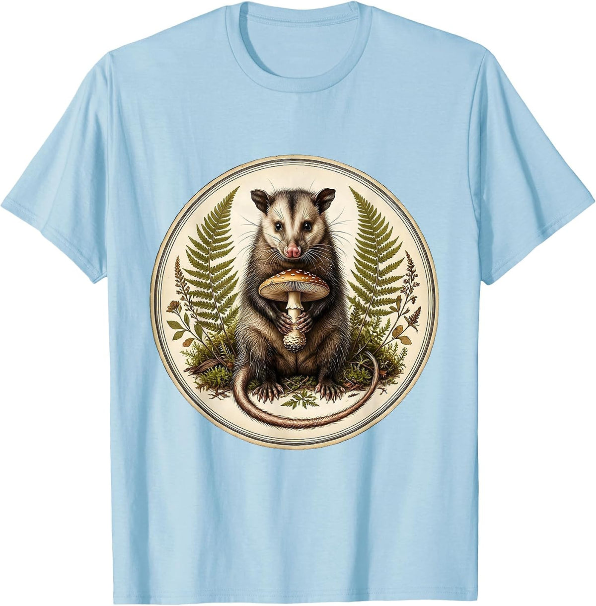 Men's Opossum Holding Mushroom Moonlit Forest Art T-Shirt - Baby Blue