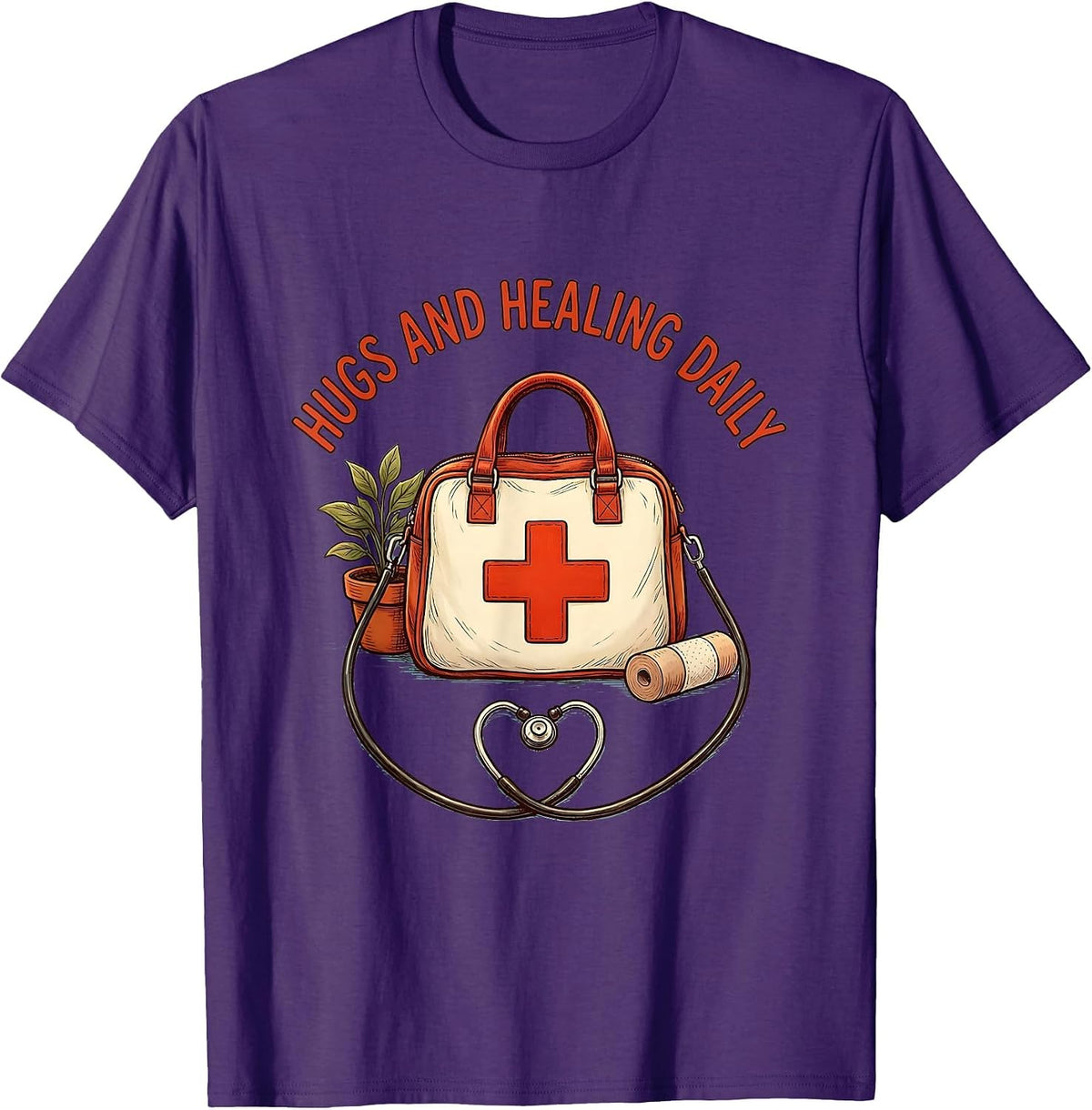 Hugs And Healing Daily School Nurse Design T-Shirt - Purple