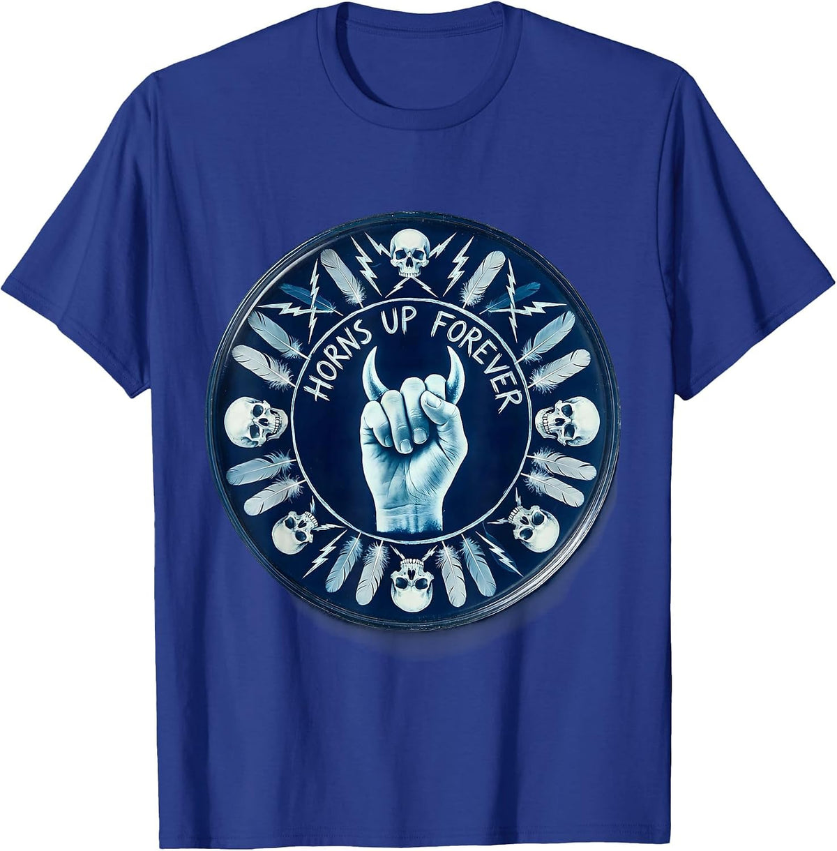 Horns Up Forever Heavy Metal Graphic Design T-Shirt - Royal Blue