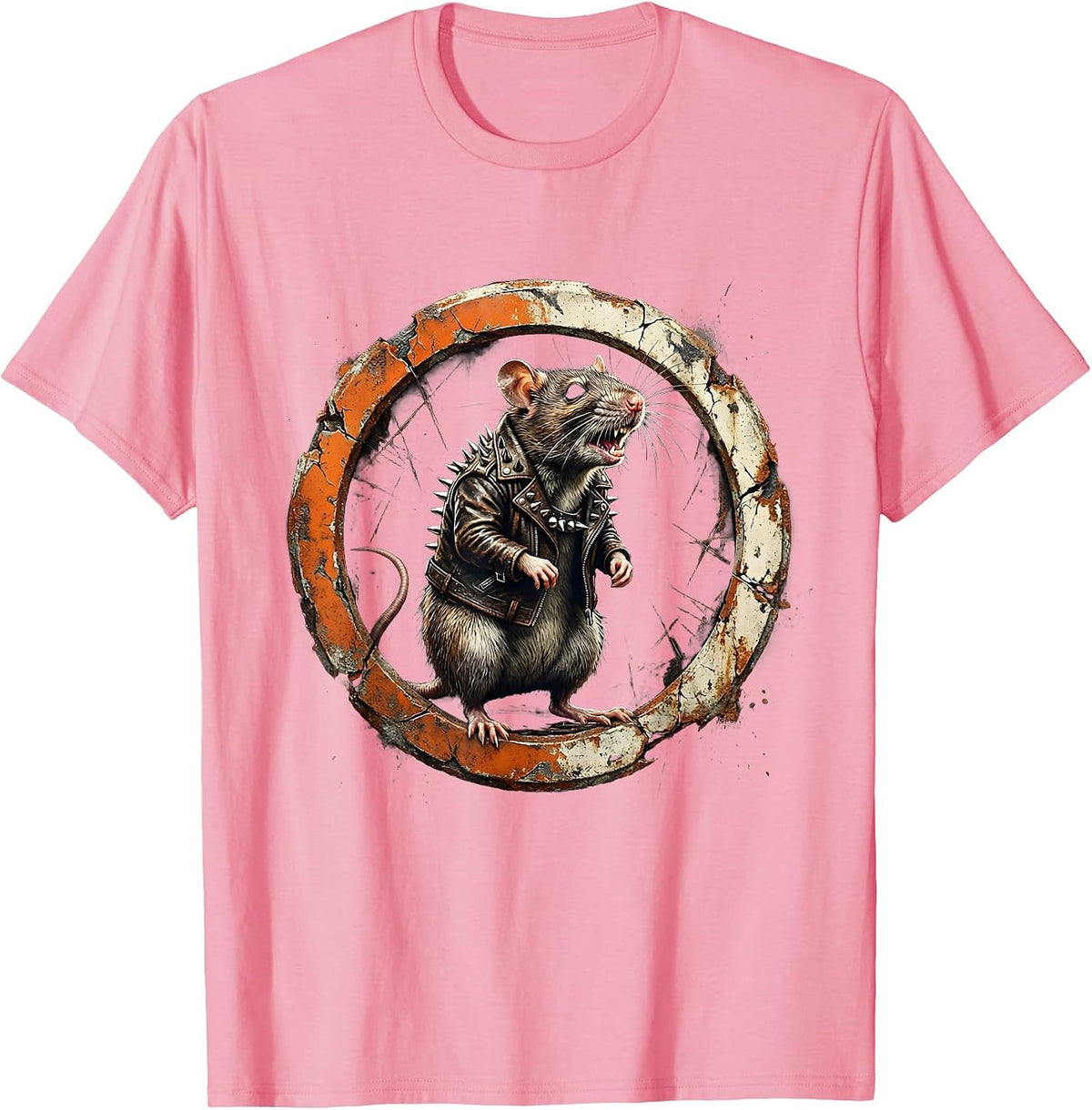 Men's Punk Rat Studded Leather Jacket Graphic Tee T-Shirt - Pink