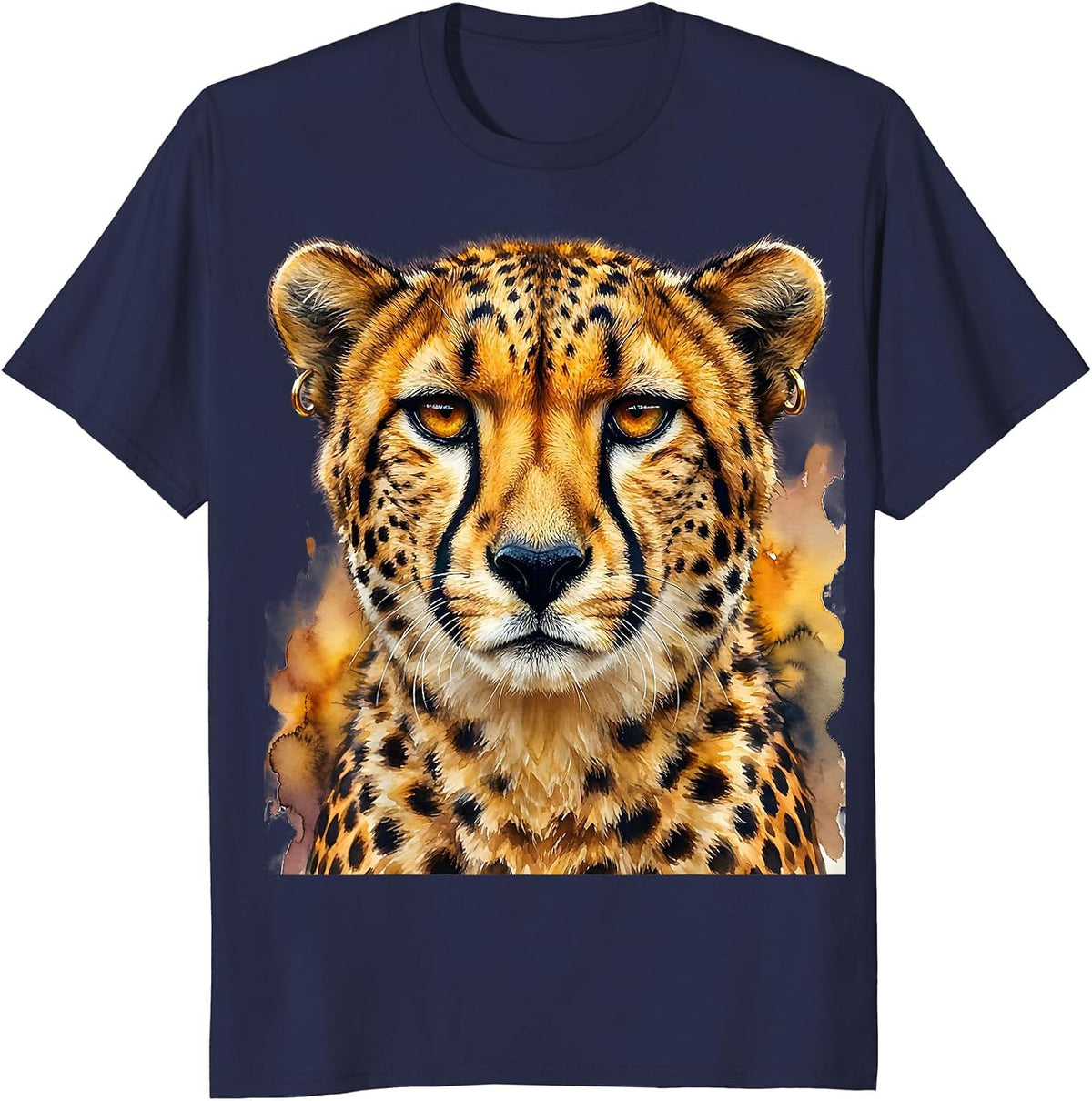 Gigi Bold Cheetah with Gold Earrings T-Shirt - Navy Blue