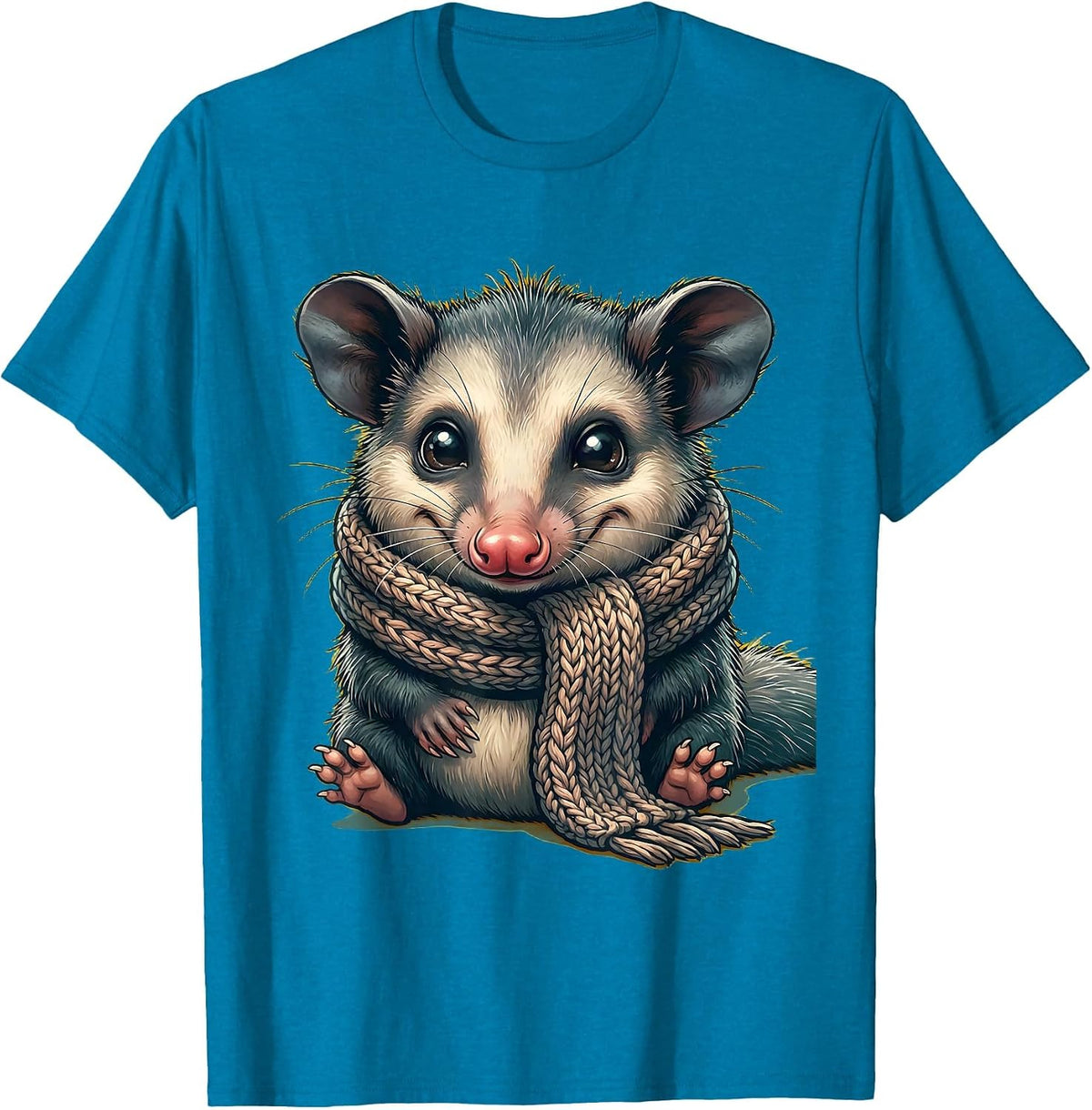 Cozy Opossum Wrapped in Knitted Scarf Graphic T-Shirt - Sapphire Blue