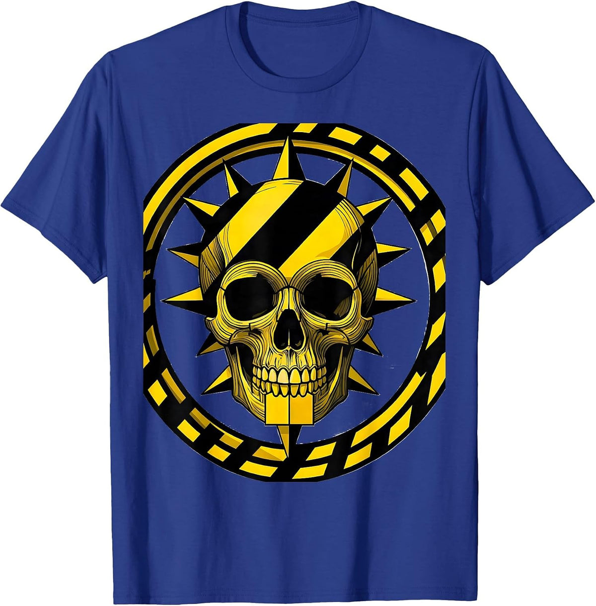 Men's Caution Tape Thorny Skull Black and Yellow Design T-Shirt - Royal Blue