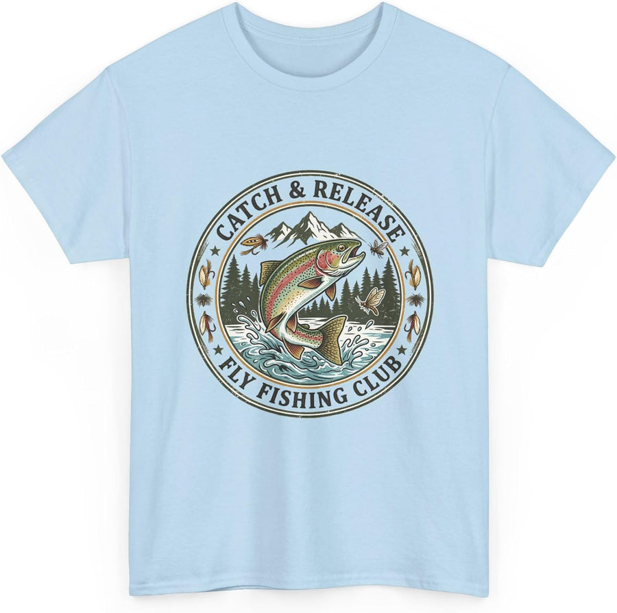 Catch & Release Fly Fishing Club T-Shirt, Vintage Trout Graphic Tee for Anglers and Outdoor Lovers - Light Blue