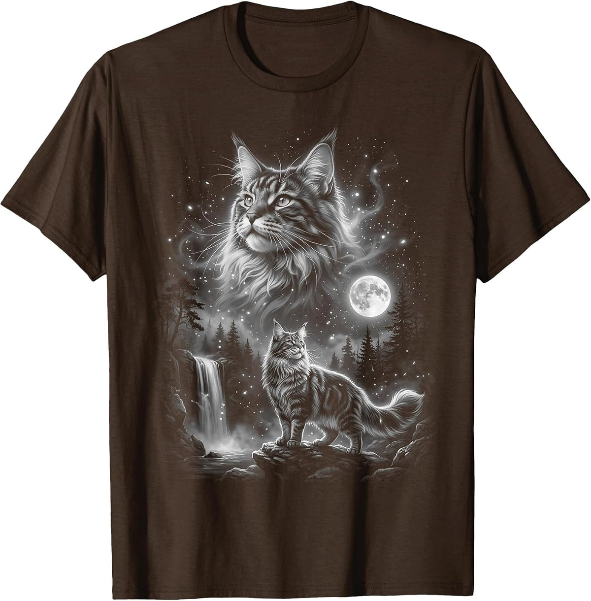 Maine Coon Cat Howling At The Moon T-Shirt - Brown
