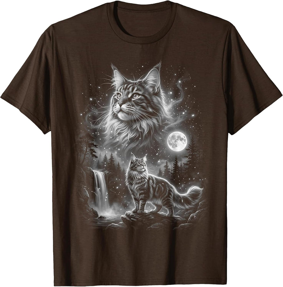 Maine Coon Cat Howling At The Moon T-Shirt - Brown