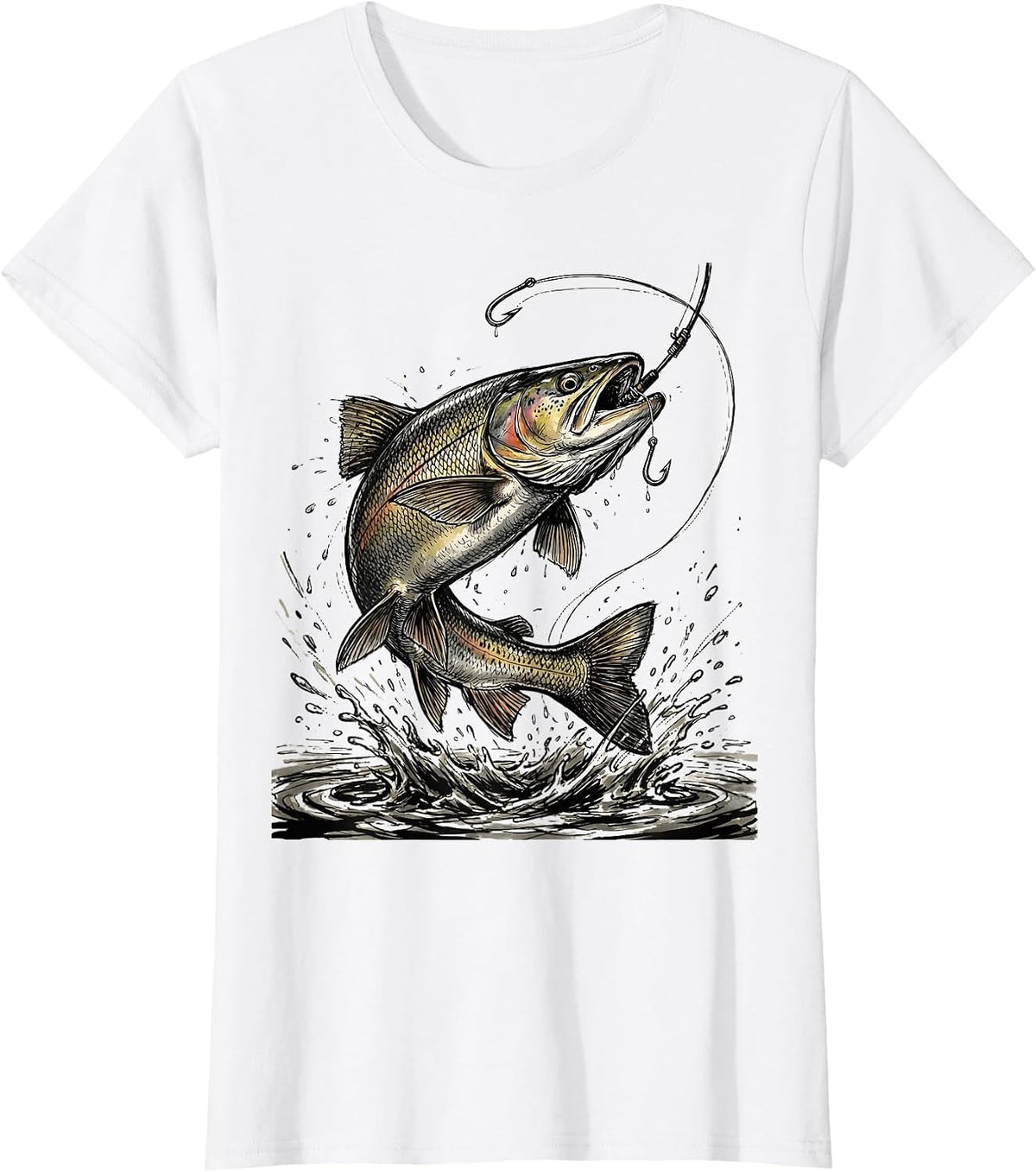 Hooked Trout Mid-Air Over River Fishing Design T-Shirt - White