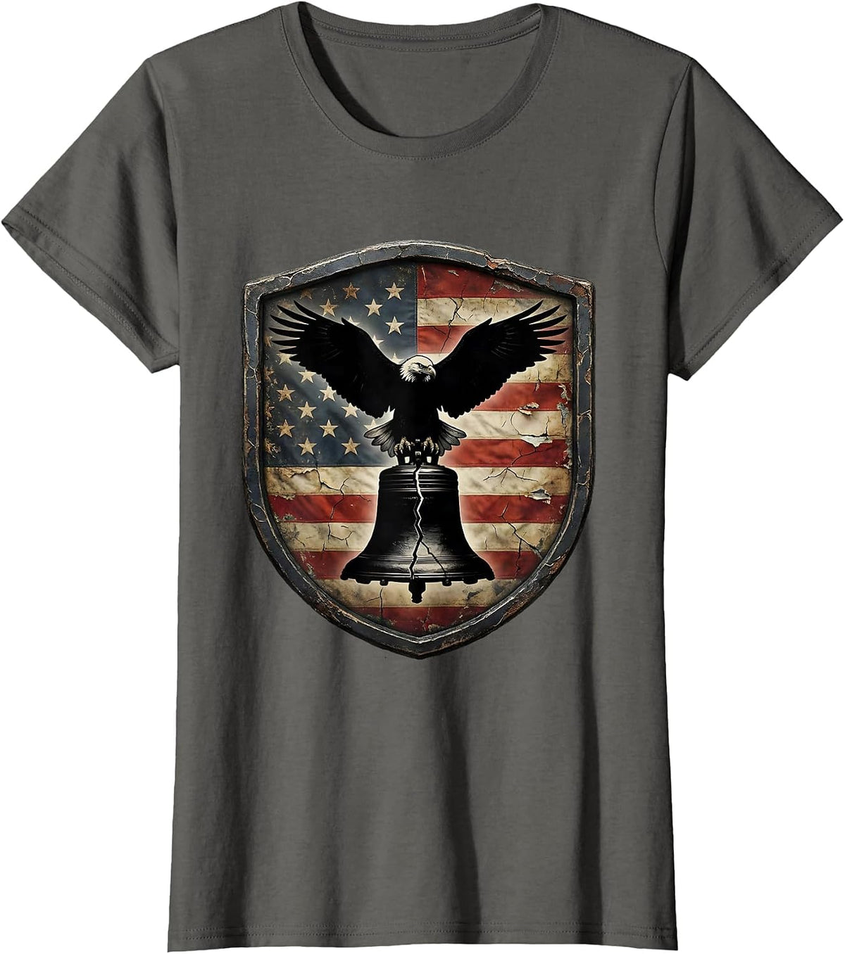 Women's Eagle and Liberty Bell Patriotic Graphic T-Shirt - Asphalt Grey