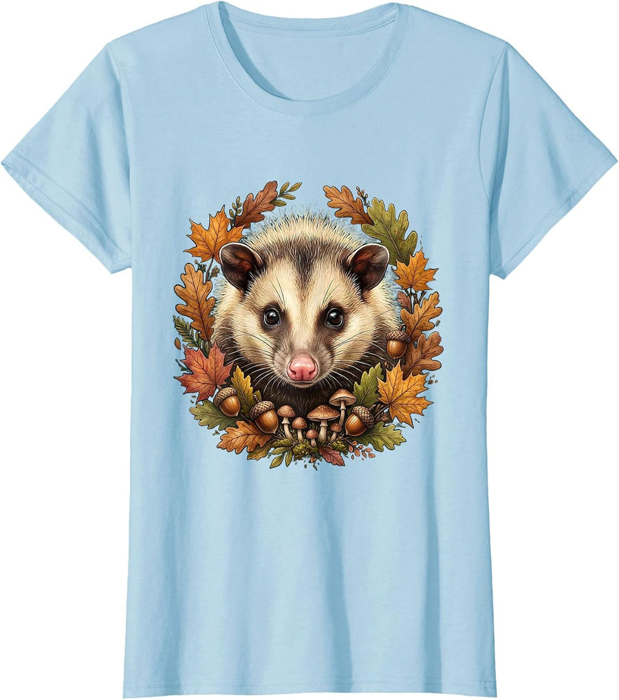 Women's Autumn Opossum Close-Up Fall Wildlife Illustration T-Shirt - Baby Blue