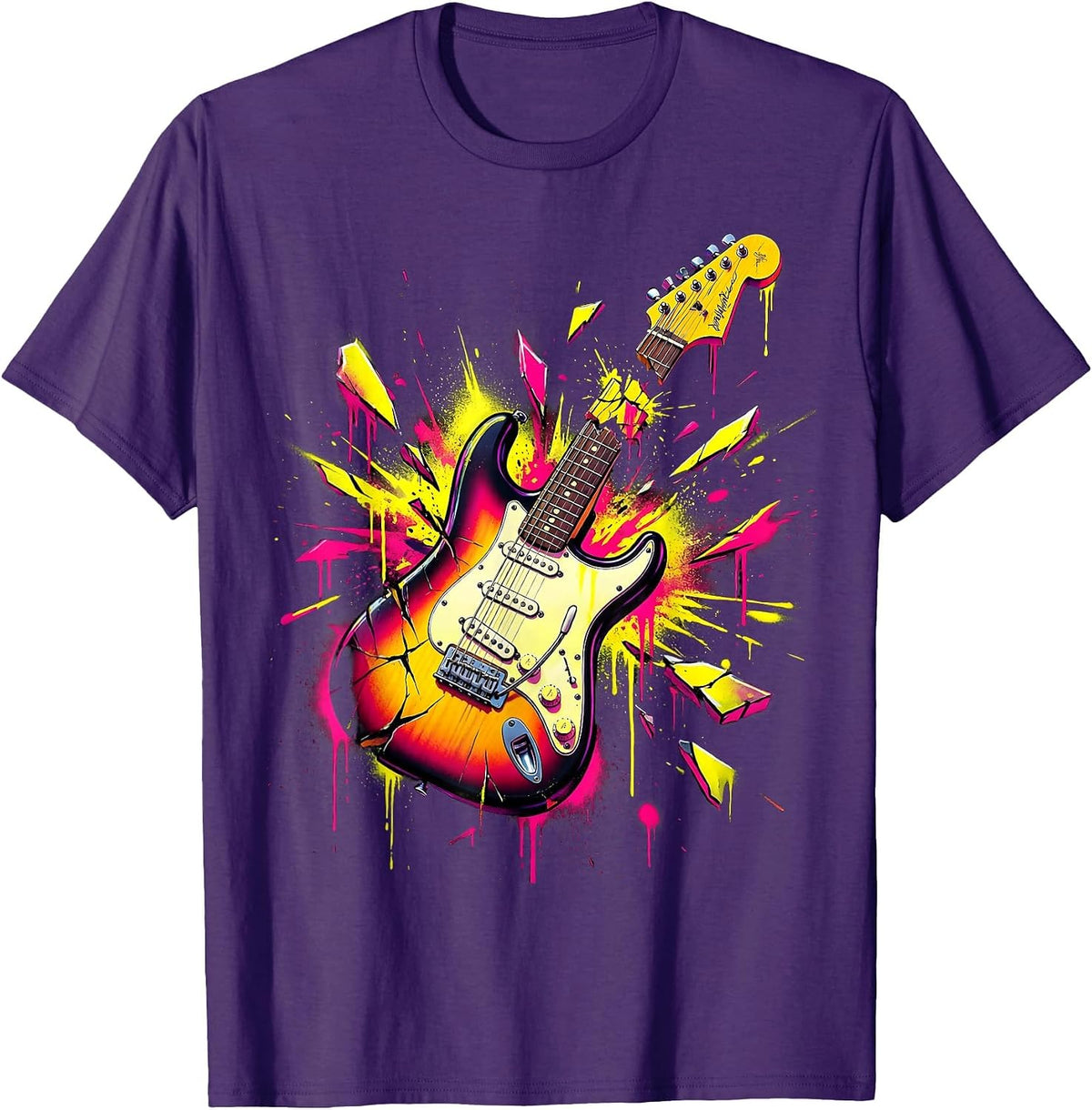 Electric Guitar Smash Sparks Rock Music Graphic T-Shirt - Purple