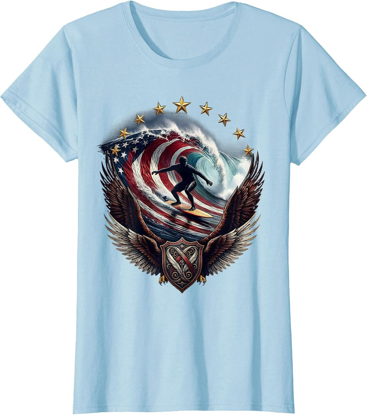 Women's Surfing American Flag Wave Patriotic Design T-Shirt - Baby Blue