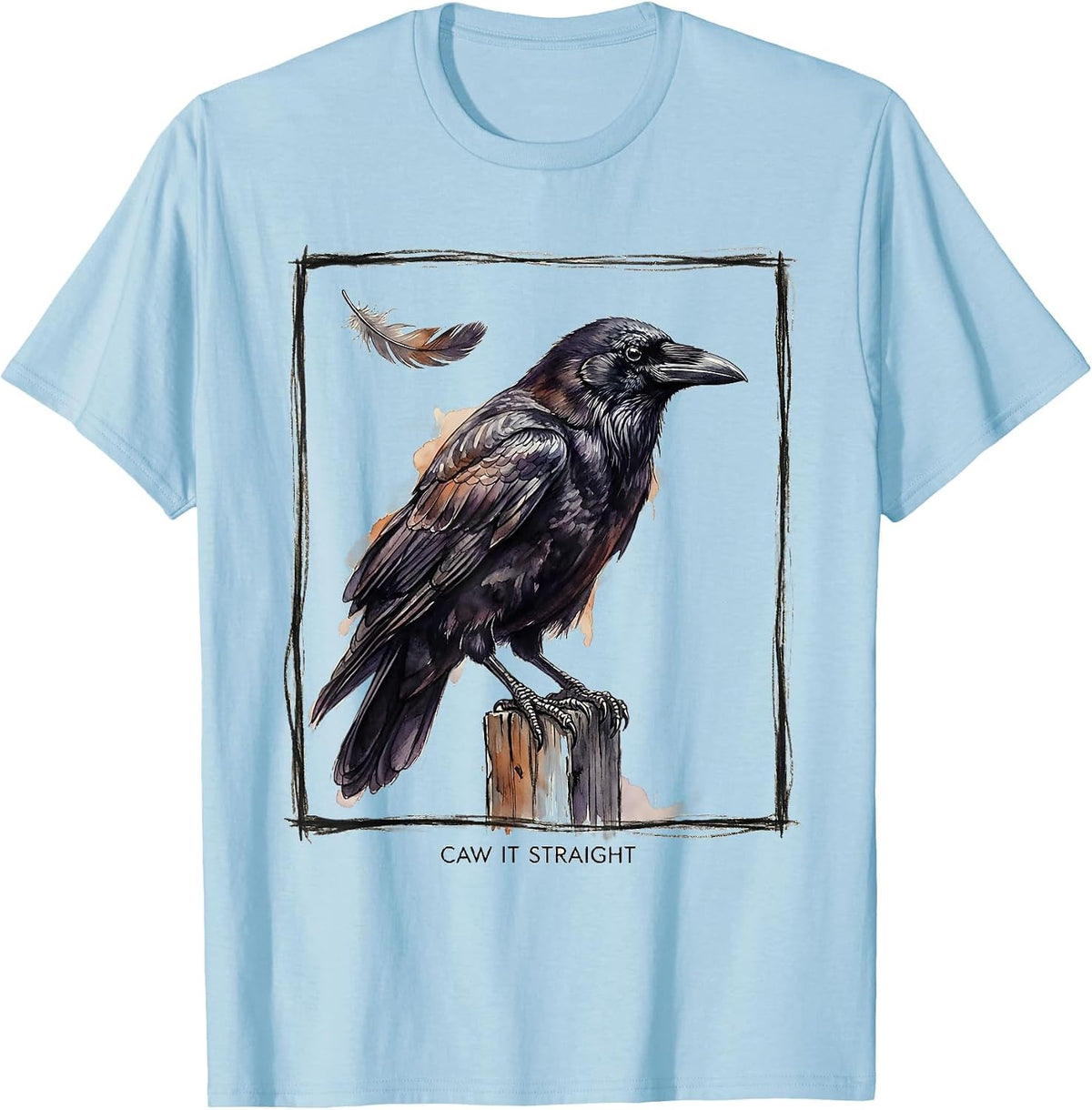 Men's Caw It Straight Watercolor Crow Gothic Humor Halloween Bird T-Shirt - Baby Blue