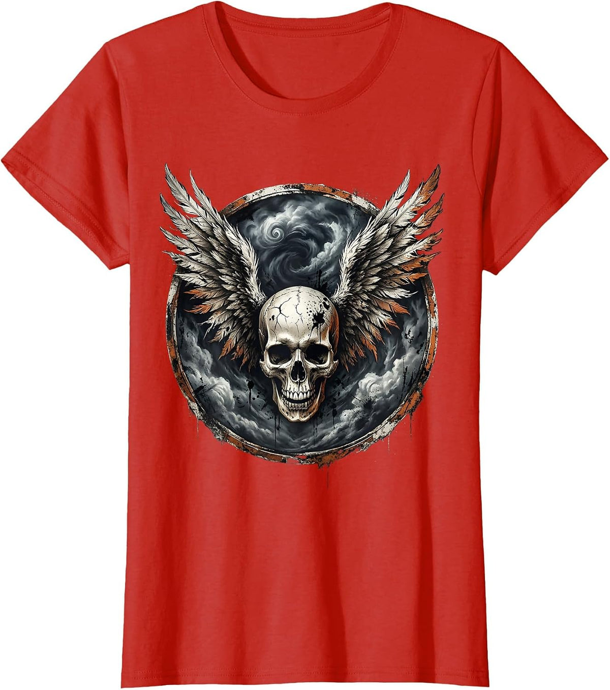 Winged Skull Storm Cloud Rock Graphic Tee T-Shirt - Red