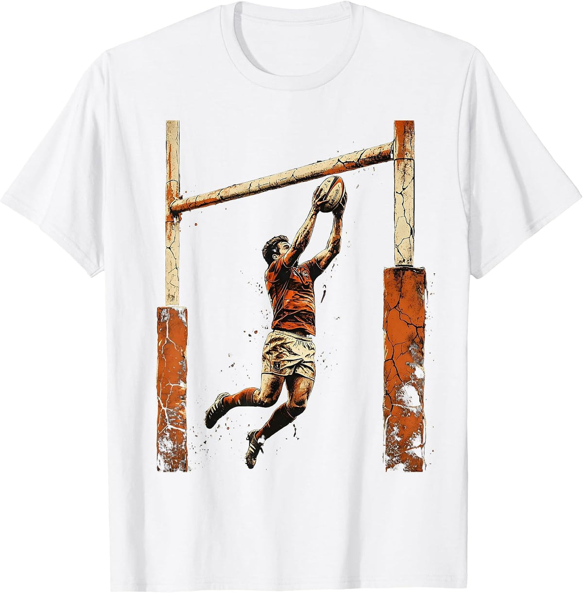 Men's Rugby High Ball Catch Under the Posts Illustration T-Shirt - White